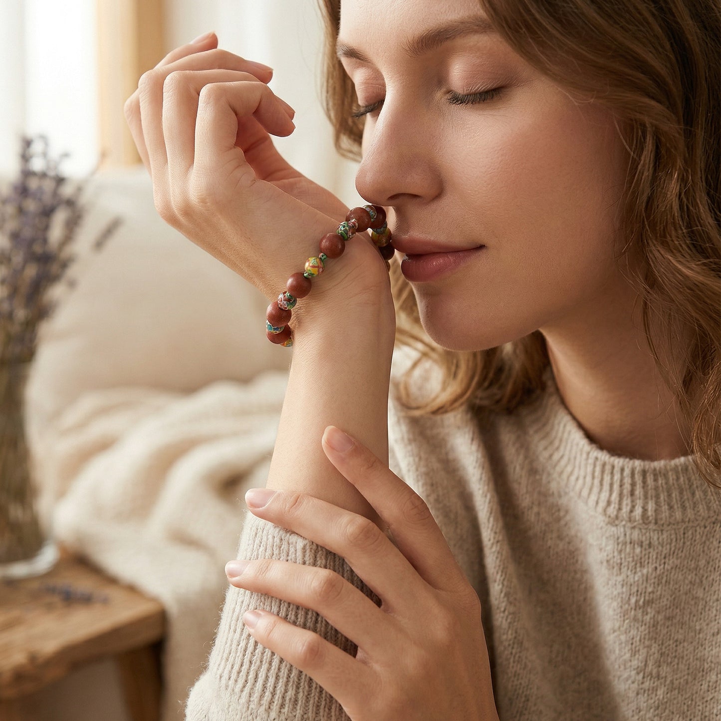 Bracelet bien-être aromatique en bois de santal et pierres naturelles