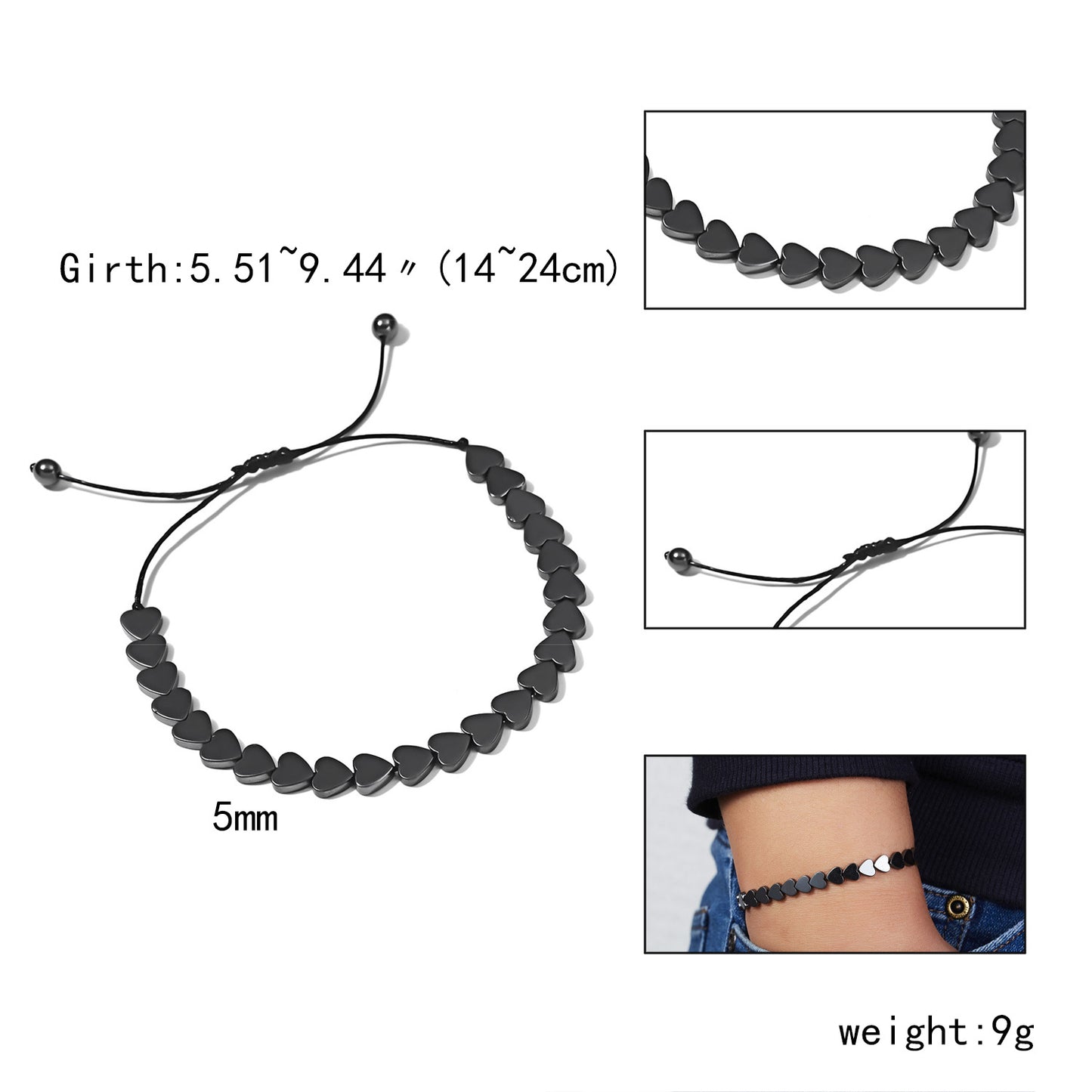 Bracelet cœur en hématite pour ancrage et stabilité